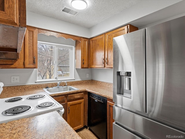 kitchen with white electric stove, a sink, visible vents, black dishwasher, and stainless steel fridge with ice dispenser