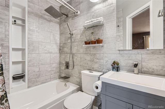 bathroom with toilet, shower / bathtub combination with curtain, decorative backsplash, and vanity