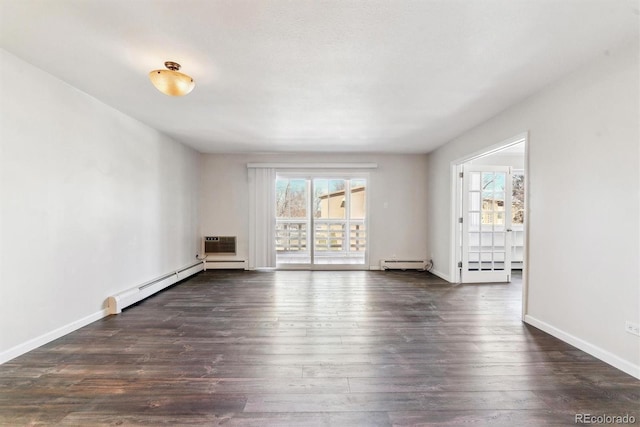 unfurnished living room with dark wood finished floors, plenty of natural light, baseboards, and baseboard heating