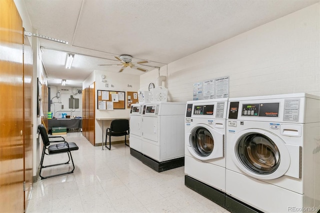 shared laundry area featuring washer and clothes dryer, light floors, a textured ceiling, and a ceiling fan