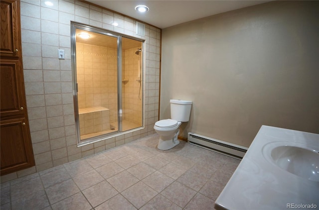 116 Timber Rd, Black Hawk, CO 80422 - full bathroom with a baseboard radiator, tile patterned flooring, a shower stall, vanity, and recessed lighting