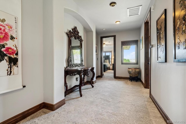 hallway featuring light carpet and a wealth of natural light