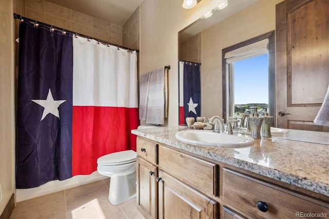 full bathroom with vanity, toilet, shower / bath combo, and tile patterned floors