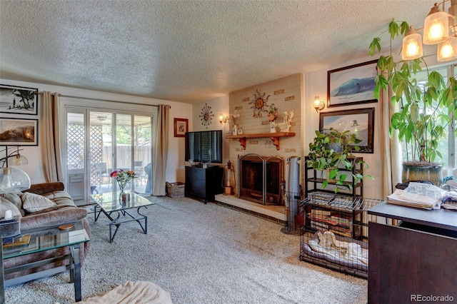 10560 W 63rd Ave, Arvada, CO 80004 - living area featuring a fireplace, a textured ceiling, and carpet