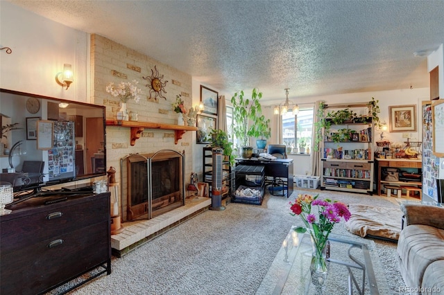 10560 W 63rd Ave, Arvada, CO 80004 - living room featuring a textured ceiling, a fireplace, carpet flooring, and a chandelier