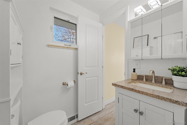 bathroom with vanity, toilet, and wood-type flooring