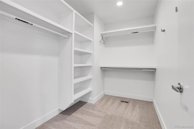 walk in closet with light colored carpet