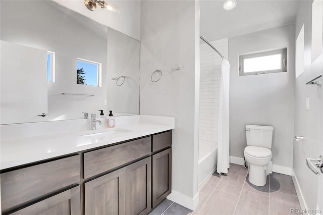 full bathroom featuring tile patterned floors, vanity, shower / bath combination with curtain, and toilet