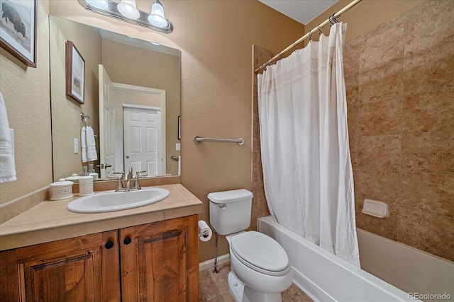 full bathroom featuring vanity, tile patterned floors, shower / bath combo with shower curtain, and toilet