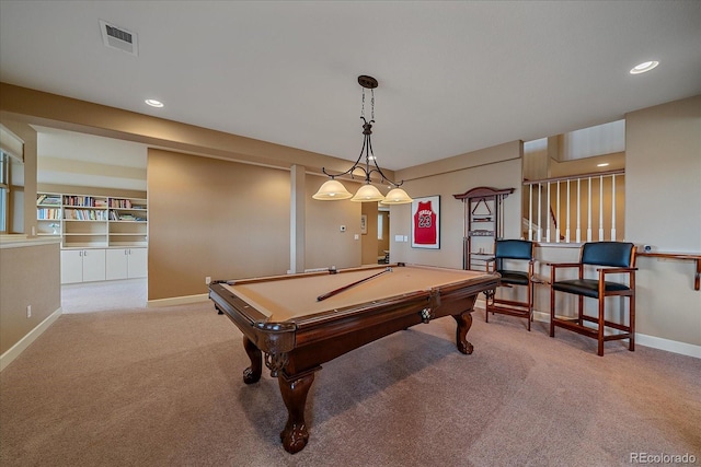 recreation room with light colored carpet and billiards