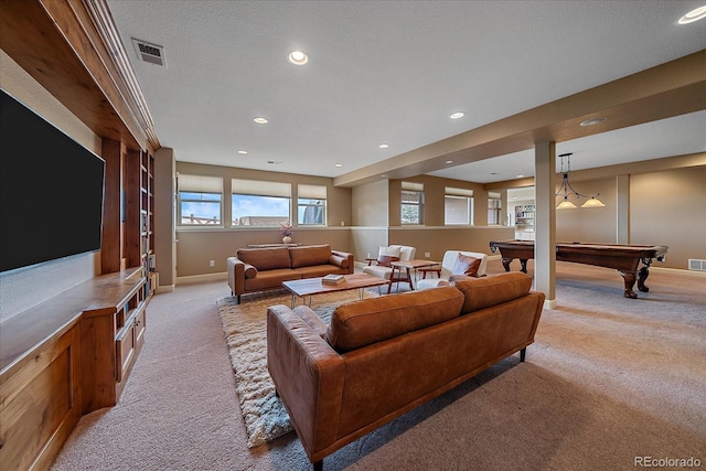 living area featuring light carpet, billiards, visible vents, baseboards, and recessed lighting