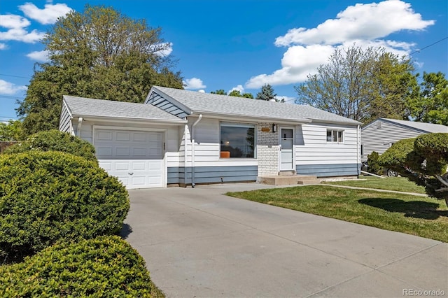 1211 S Zuni St, Denver, CO 80223 - single story home with a garage, driveway, a front yard, and a shingled roof