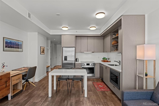 1750 Wewatta St Unit 605, Denver, CO 80202 - kitchen featuring built in appliances, gray cabinets, a sink, and open shelves