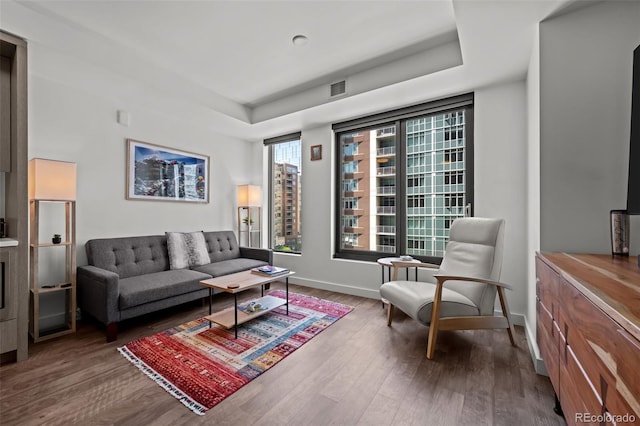1750 Wewatta St Unit 605, Denver, CO 80202 - living room featuring wood finished floors, a tray ceiling, and baseboards