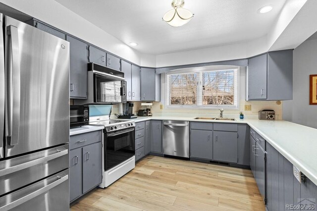 1903 Northmoor Ter, Pueblo, CO 81008 - kitchen with appliances with stainless steel finishes, gray cabinetry, a sink, healthy amount of natural light, and recessed lighting