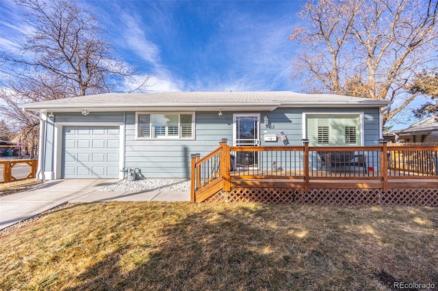 ranch-style house with a garage, driveway, a front lawn, and a wooden deck