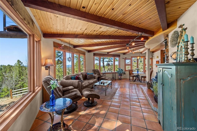174 Needle Creek Rd, Divide, CO 80814 - living area featuring tile patterned flooring and wooden ceiling with exposed beams