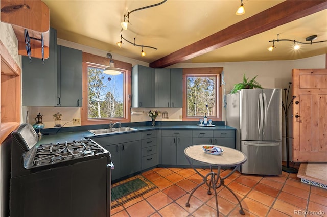 174 Needle Creek Rd, Divide, CO 80814 - kitchen with freestanding refrigerator, black gas stove, a sink, dark countertops, and healthy amount of natural light