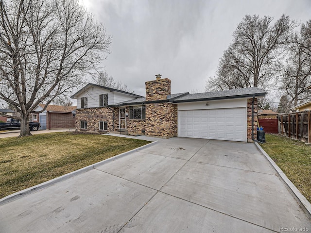 view of front of home with brick siding, a chimney, a front yard, and fence