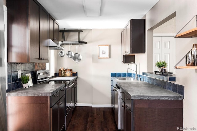 377 Pearl St Unit 5, Boulder, CO 80302 - kitchen with stainless steel appliances, dark countertops, under cabinet range hood, dark wood finished floors, and dark brown cabinets