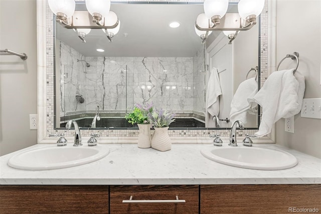 2001 Lincoln St Unit 2524, Denver, CO 80202 - bathroom with a chandelier, double vanity, and a stall shower