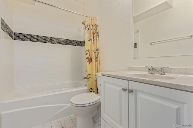 bathroom with vanity, toilet, shower / tub combo, and marble finish floor
