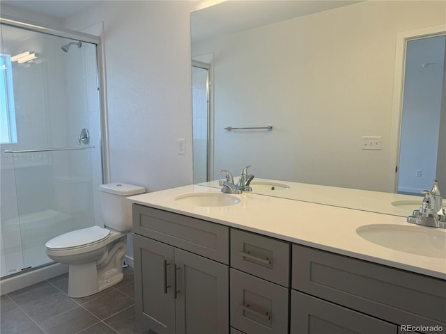 full bath with toilet, a shower stall, double vanity, and a sink