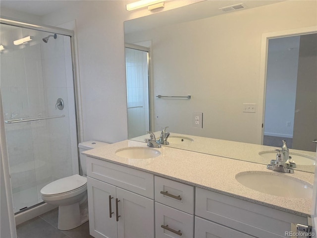 full bathroom featuring toilet, a stall shower, a sink, and visible vents