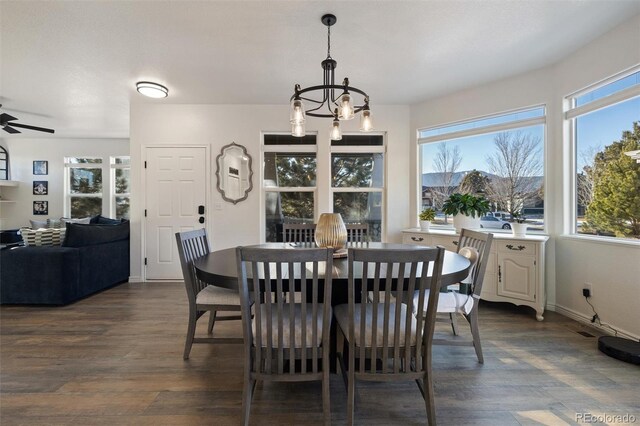 dining room with dark hardwood / wood-style flooring and ceiling fan with notable chandelier