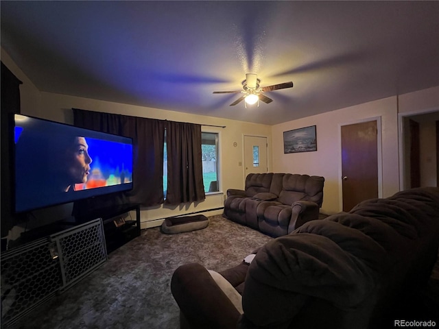 1069 US Highway 285, Monte Vista, CO 81144 - living area featuring ceiling fan, carpet floors, and a baseboard heating unit