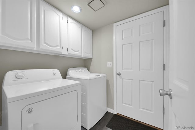 5283 Union Ct Unit 8, Arvada, CO 80002 - laundry area featuring washer and dryer, cabinet space, dark wood finished floors, baseboards, and recessed lighting