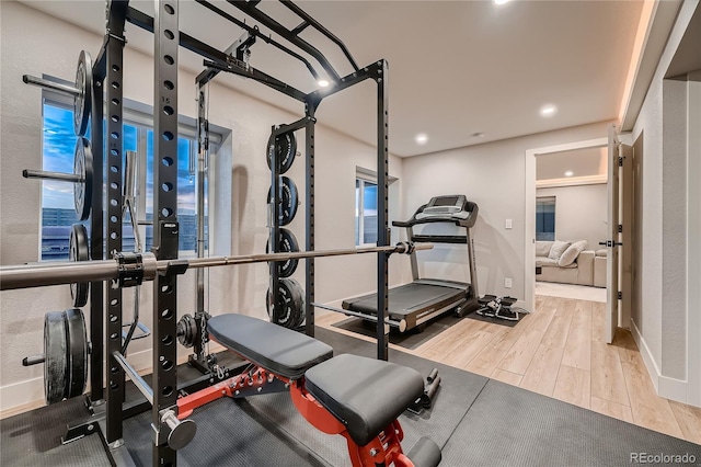 15595 E 47th Dr, Denver, CO 80239 - workout room with wood finished floors and recessed lighting