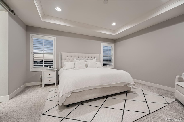 15595 E 47th Dr, Denver, CO 80239 - bedroom with light carpet, a tray ceiling, and recessed lighting