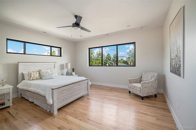 bedroom featuring ceiling fan and light hardwood / wood-style floors