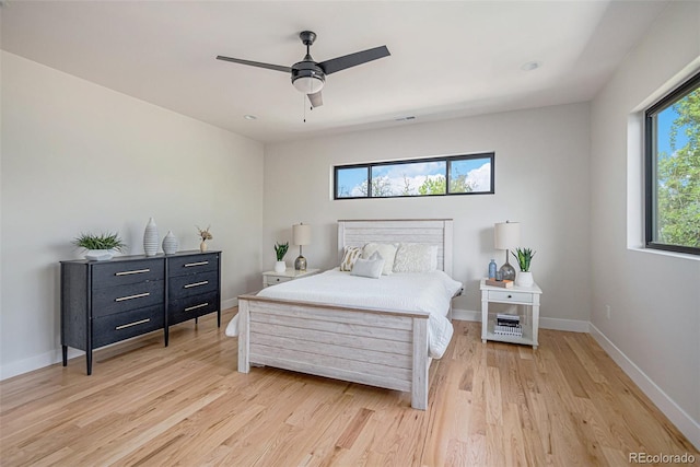 bedroom with ceiling fan and light wood-type flooring