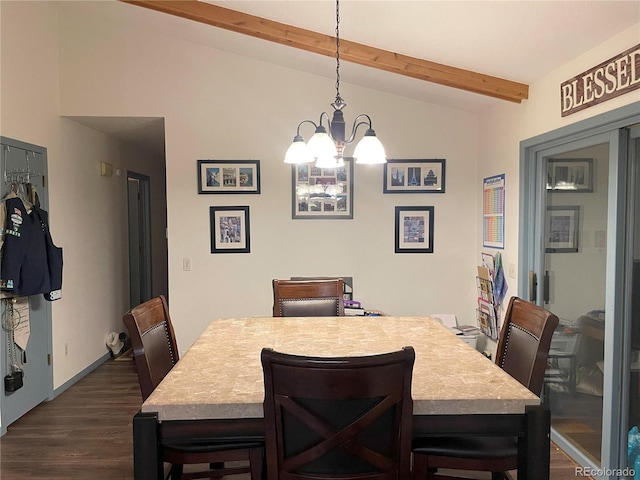 dining space with dark wood-type flooring, a notable chandelier, lofted ceiling with beams, and baseboards