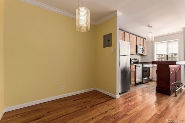 1450 Albion St Unit 204, Denver, CO 80220 - kitchen featuring appliances with stainless steel finishes, crown molding, electric panel, light wood finished floors, and hanging light fixtures
