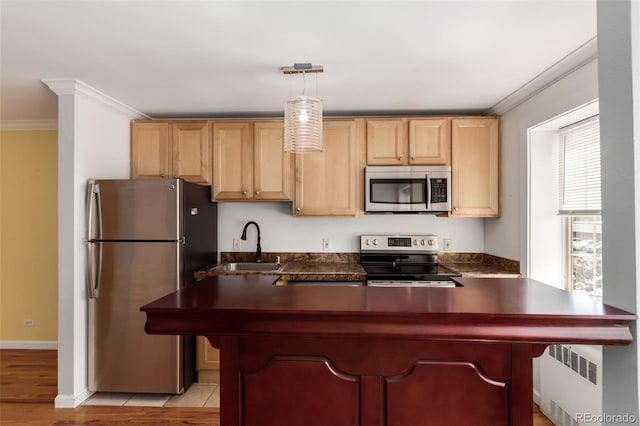 1450 Albion St Unit 204, Denver, CO 80220 - kitchen with appliances with stainless steel finishes, dark countertops, light brown cabinets, ornamental molding, and a peninsula