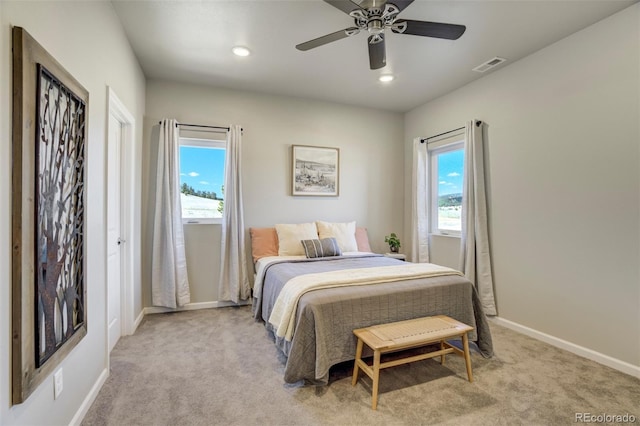 10617 County Rd 1, Florissant, CO 80816 - bedroom featuring baseboards, light carpet, recessed lighting, and ceiling fan