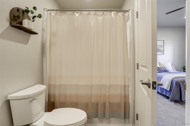 10617 County Rd 1, Florissant, CO 80816 - ensuite bathroom featuring toilet, ceiling fan, and curtained shower
