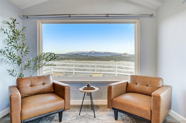 10617 County Rd 1, Florissant, CO 80816 - living area featuring vaulted ceiling, baseboards, a mountain view, and plenty of natural light