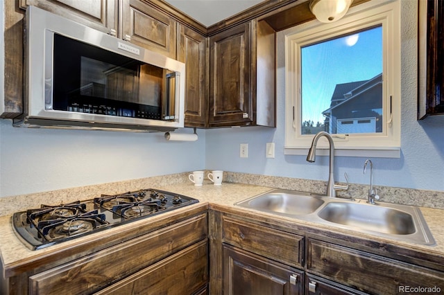 10617 County Rd 1, Florissant, CO 80816 - kitchen featuring stainless steel microwave, a sink, dark brown cabinetry, and light countertops