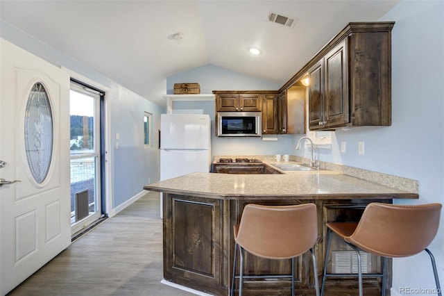 10617 County Rd 1, Florissant, CO 80816 - kitchen featuring freestanding refrigerator, stainless steel microwave, a sink, range, and dark brown cabinetry