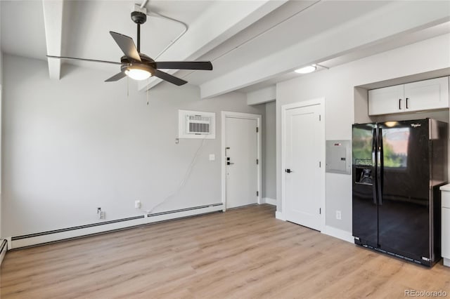 interior space featuring ceiling fan, light hardwood / wood-style flooring, beamed ceiling, a baseboard heating unit, and a wall unit AC