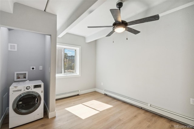 washroom with baseboard heating, washer / clothes dryer, ceiling fan, and hardwood / wood-style floors