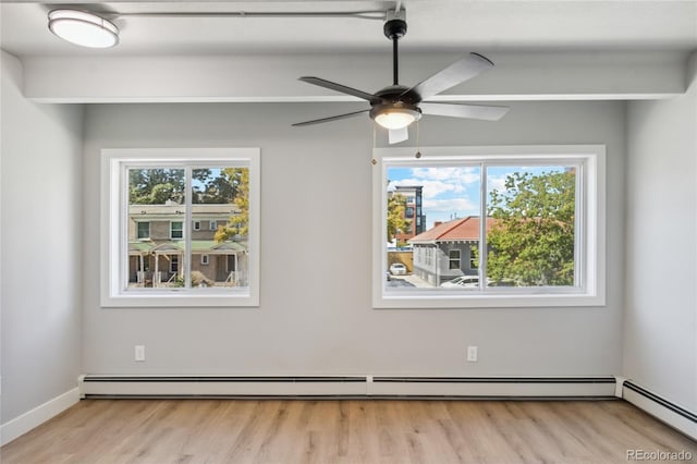 spare room featuring ceiling fan, a healthy amount of sunlight, light hardwood / wood-style floors, and a baseboard radiator