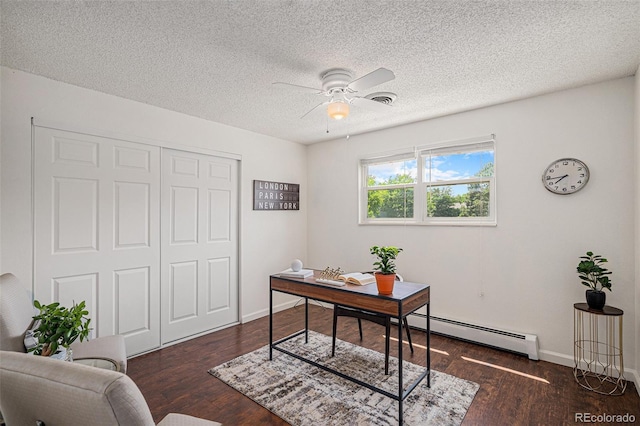 64 Nome Way Unit A, Aurora, CO 80012 - office area with dark wood-style flooring, a ceiling fan, baseboard heating, and a textured ceiling