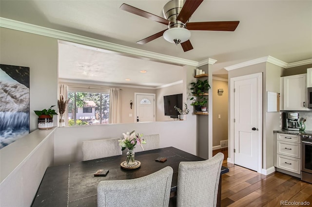 9146 W 89th Ct, Broomfield, CO 80021 - dining room with dark wood finished floors, ornamental molding, and a ceiling fan