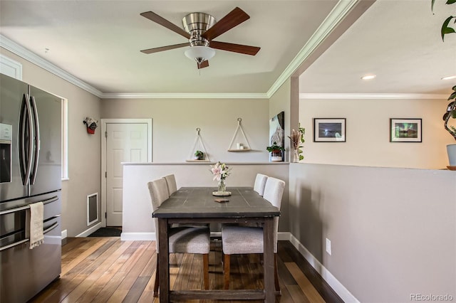 9146 W 89th Ct, Broomfield, CO 80021 - dining room with hardwood / wood-style floors, baseboards, ornamental molding, ceiling fan, and recessed lighting