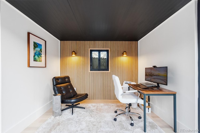 office area featuring wooden ceiling and wood finished floors